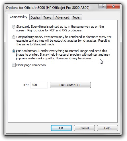 Printer Options Dialog, Raster mode.