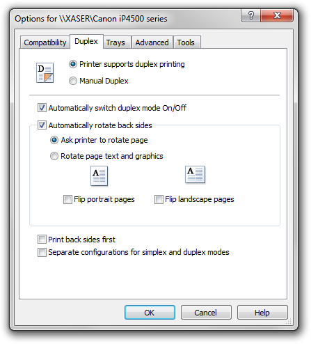 Automatic or manual duplex configuration dialog
